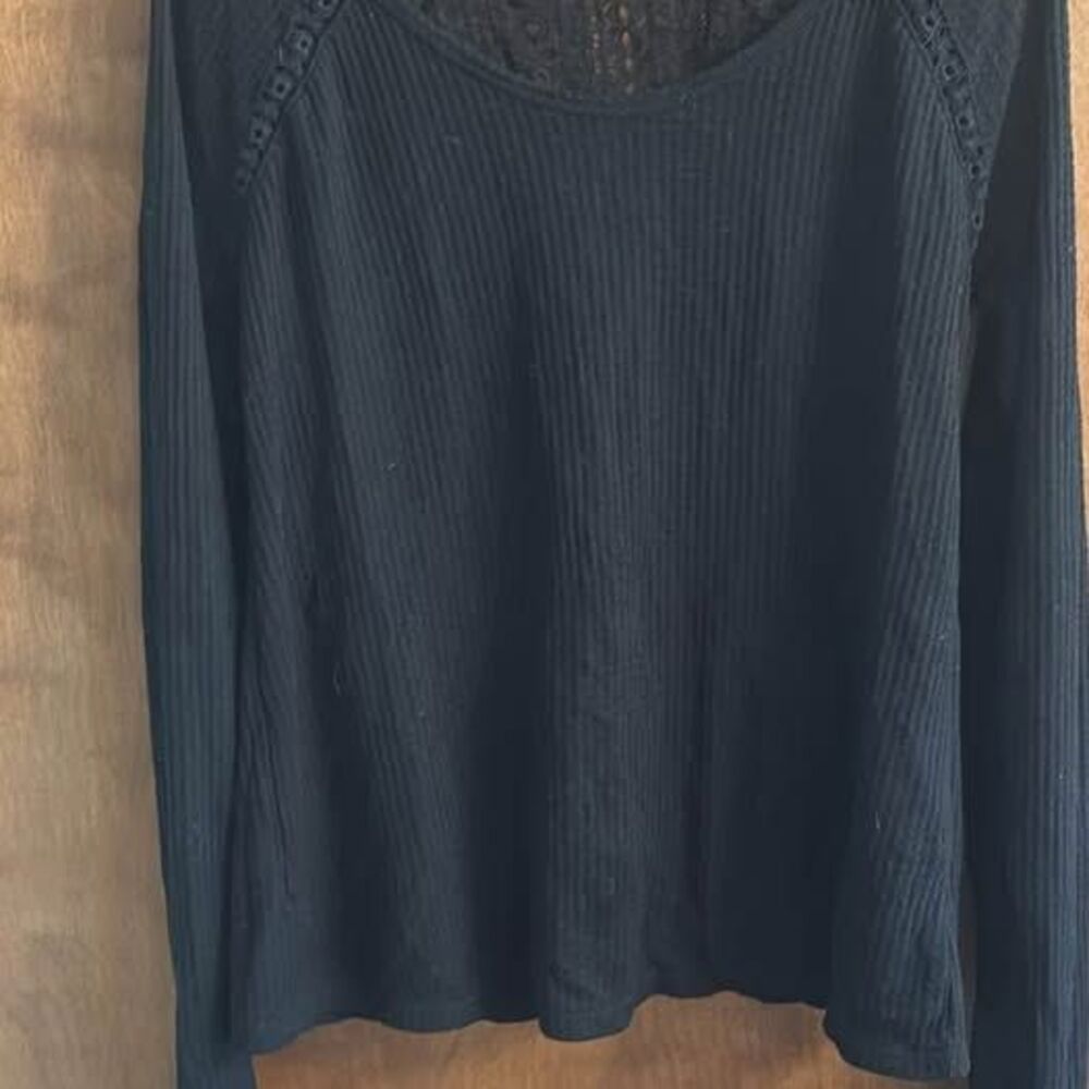 Black Lucky Brand Waffle Loose Shirt Lace Crochet L/S Fall Cute Fun Women's M